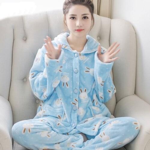 Women Set Pijama for Winter Lapel Cardigan Long Sleeve Cartoon Sleepwear Flannel Pjamas Womens Warm Pajamas