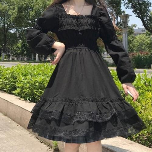 Japanese Lolita 2021 Women Princess Black Mini Dress Square Colla High Waist Gothic Dress Puff Sleeve Lace Ruffles Party Dresses