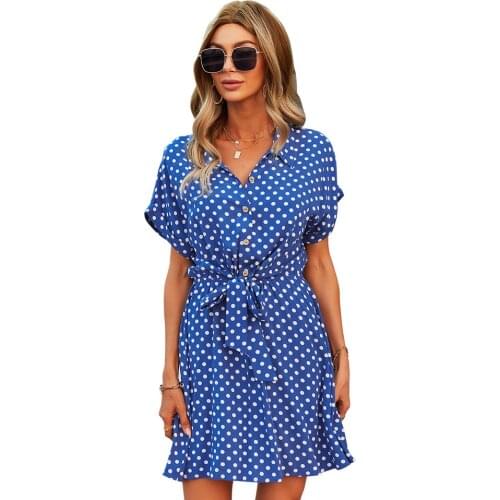 Beach Summer Shirt Dress Polka Dot Vintage High Waist Mini Women Dresses Loose Short Sleeve Single-Breasted Slim Robe K1440
