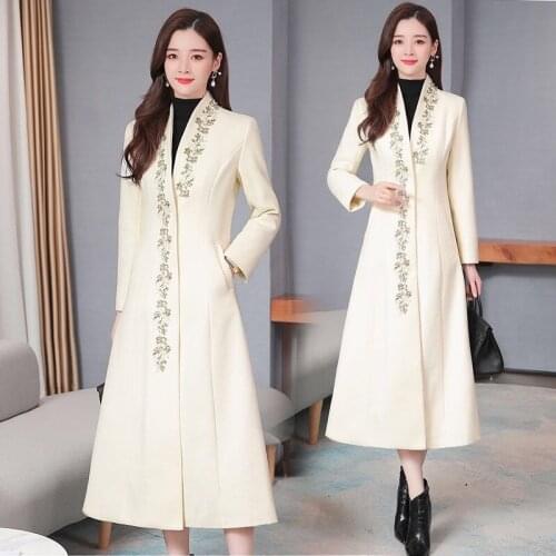 2019 Winter Fall Vintage Womens Green Beige Red Embroidery Lace High Waist Woolen Coat , Korean Wool Long Coat for Women