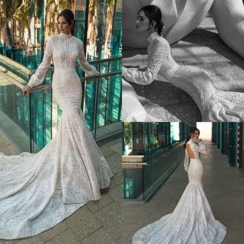 Vintage Lace Mermaid Wedding Dresses Backless High Collar Sweep Train Garden Wedding Gowns Long Sleeves vestido de novia
