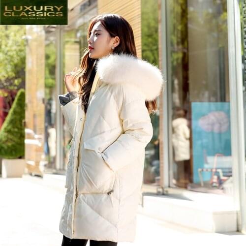 Winter Large Fur Fashion Hooded White Duck Down Jacket Women Korean Warm Long Down Coat Female Ladies Thick Overcoat 1905