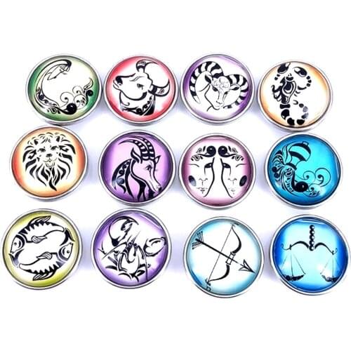 12pcs/lot 18mm 20mm Mixed 12 Constellation Sign Glass Cabochon Snaps Button for DIY Bracelet Necklace Zodiac Charm Jewelry N018