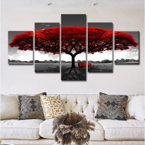 5 Panels Abstract Red Tree Oil Paintings Print On Canvas Posters And Prints Landscape Wall Art Pictures Home Wall Decor N