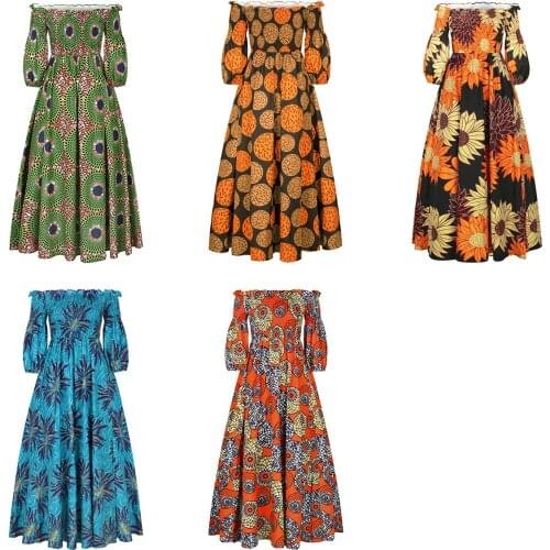 A variety of styles Indonesia Explosive Digital Printing Fashion One-word Collar Lantern Sleeve Dress African Dresses for Women