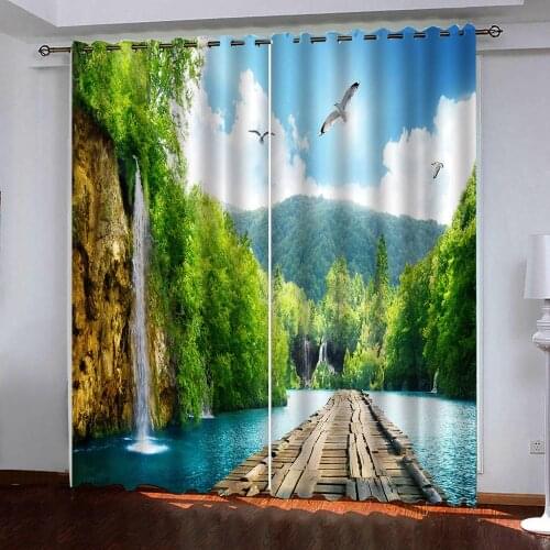 Wooden bridge lake natural forest landscape Photo Printing Blackout 3D Curtains for Living Room Bedding Room Hotel Cortinas