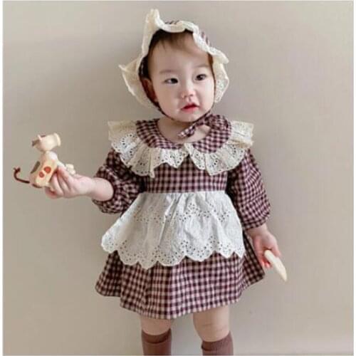 Infant Baby Girl Newborn Rompers Clothes Baby Girl Lace Rompers Pastoral Style Autumn Kids Girl Long Sleeve Grid Rompers
