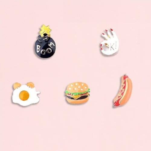 Food Collection and OK Boom Enamel Pin Egg Hamburg Hotdog brooch Denim Jeans shirt bag Food Jewelry Gift for friends