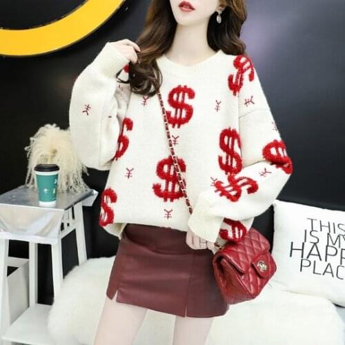 USD Elegant White 3D Money Oversized Pullovers Women Winter O-Neck Loose Long Sweaters Streetwear Warm Outerwear Overcoat Cloth