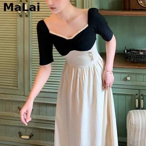 French Vintage Dress 2021 Women Patchwork Princess Elegant Sweet Midi Dress High Waist Summer Slim Casual Party Hepburn Dress