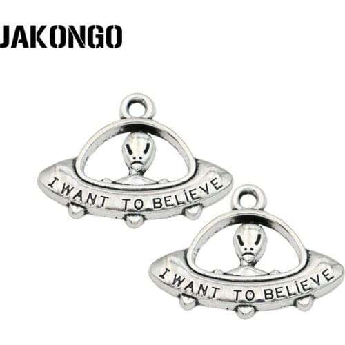 JAKONGO Antique Silver Plated I want to believe Alien Charms Pendant for Jewelry Making Bracelet Accessories DIY 23x31mm