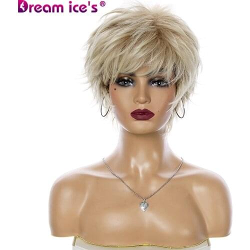 Dream ices Short Hair Wig with Bangs Pixie Cut Ombre Light Blonde Synthetic Wigs for Women Cosplay Wigs Heat Resistant
