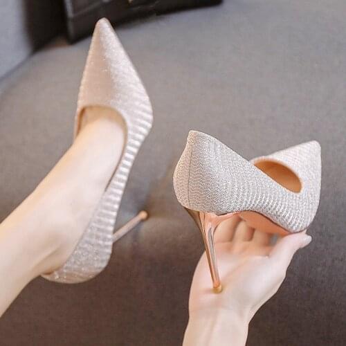 Sliver Sequins Cloth Rhinestones High Heels Woman Pumps Basic 2021 Thin Heels Work Shoes Fashion Party Sexy Women Shoes K0011