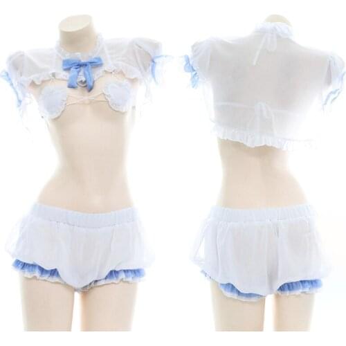 Sweet Lolita Transparent Chiffon Maid Dress Cute Love Bandage Bowknot Bikini Underwear Suit Soft Girl Home Wear Sexy Costume