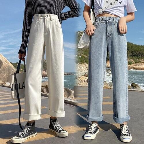 2020 New White High Waist Straight Jeans Denim Pants Women Spring Casual Loose Wide Leg Jeans Trousers Girls Baggy Jeans Pants