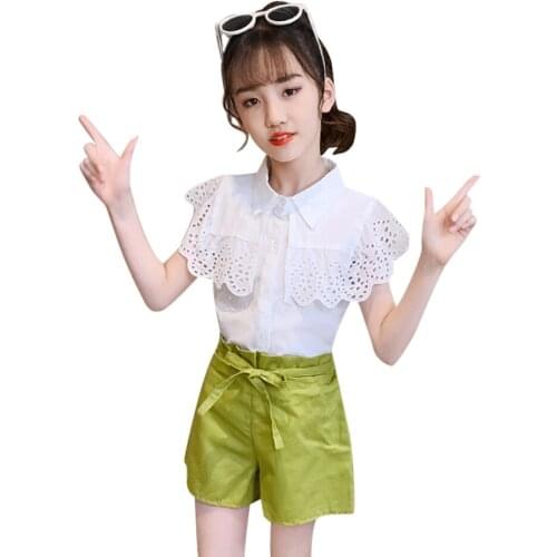 Girls Clothes Lace Blouse + Short Costume For Girls Casual Style Girl Clothing Summer Childrens Clothing 6 8 10 12 14