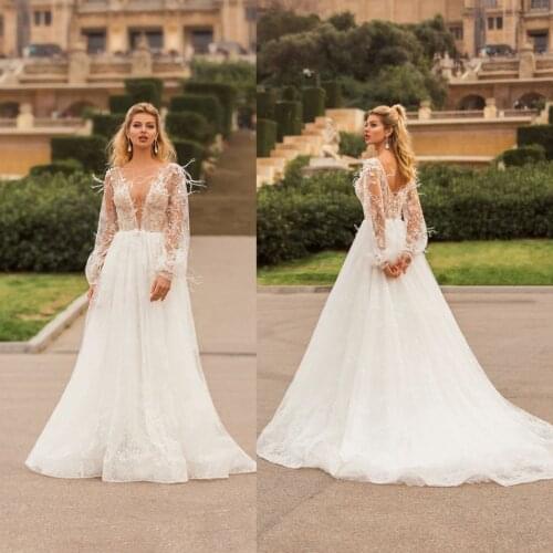 New Wedding Dresses V Neck Long Sleeves Lace Appliques A Line Bridal Gowns Custom Made Sexy Backless Sweep Train Wedding Dress