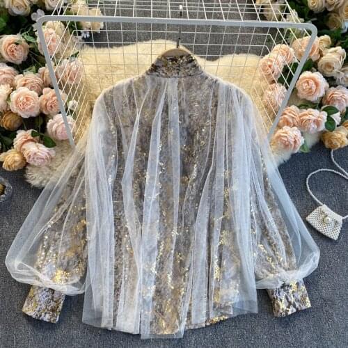 Women Track Design Mesh Blouse 2021 Korean Fashion Bow Collar Long Sleeve Tops Autumn Casual Loose Chic Streetwear Blouses