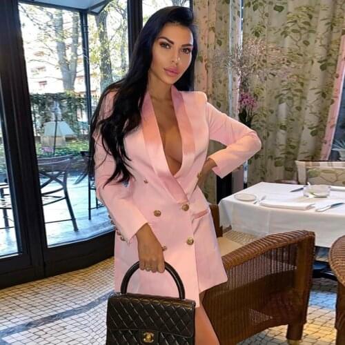 High-quality long suit jacket 2021 new pink classic lapel double-breasted satin shawl collar womens office OL Kardashian sexy