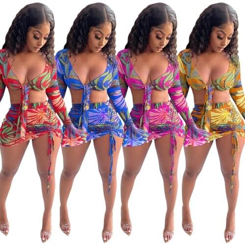 2021 summer fashion two-piece women Printed long sleeves + short skirt Sexy Long sleeve Tube top Bandage Sandy beach mini skirt