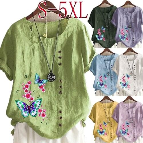 Womens New Fashion O-neck Butterflies Printed Short Sleeve Tops Loose Linen T-Shirt Casual Blouse S-5XL