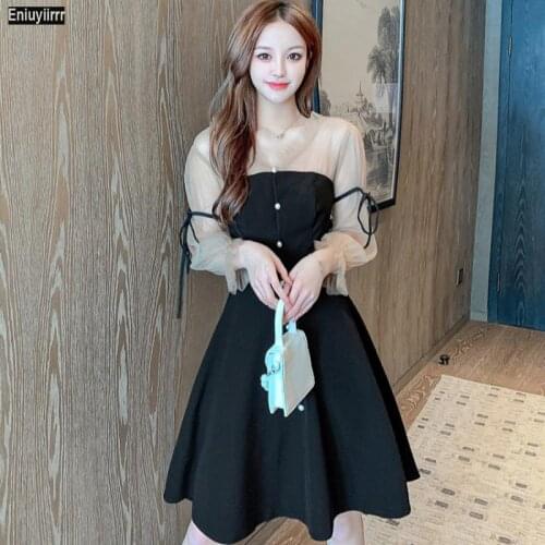 Black V Neck Contrast Sequin Mesh Sleeve Flare Dress Sexy Women Summer Autumn Glamorous Party A Line Dresses