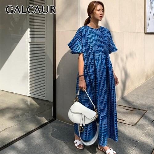 GALCAUR Blue Print Casual Dress For Women O Neck Butterfly Sleeve Ankle Length Hit Color Korean Dresses Female Summer 2021 Style