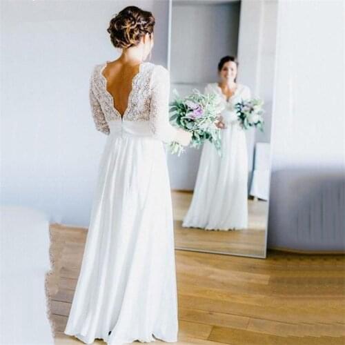 Elegant Chiffon Boho Wedding Dresses Deep V-neck 3/4 Sleeves Backless Beach Wedding Gowns Bride Dresses Vestido de novia