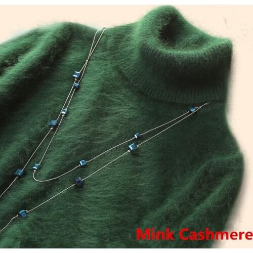 Winter Women Sweater Solid Color 100% Mink Cashmere Turtleneck Knitted Pullovers Slim Soft Warm Female Long Sleeve Sweater