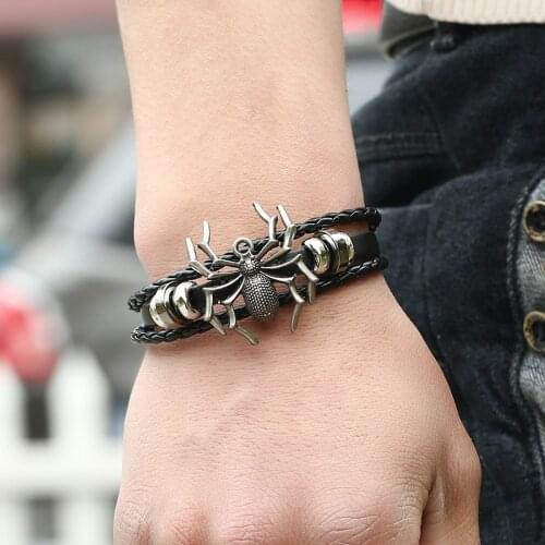 2019 Vintage Lace-up Leather Bracelet Skull Spider Charm Bracelet & Bangles For Men Women Weaving Jewelry