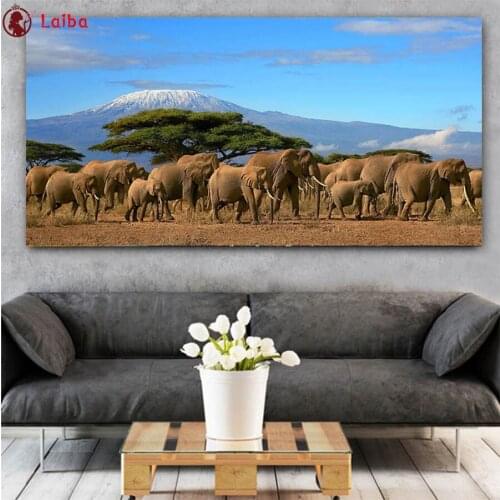 Diamond embroidery Elephants Herd Tree Mount Kilimanjaro Kenya Wild Animals diamond painting cross stitch 5d full square round