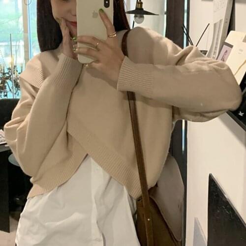 Irregular Loose Solid Color Pullover Crossing Half-high Collar Long-sleeved Knitted Sweater Fashion Warm Casual Soft Jumper Tops