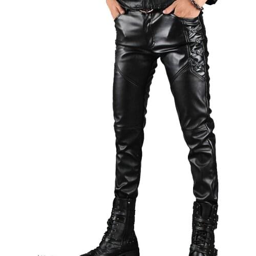 Mens Leather Pants Men Fashion Casual Pant Male Slim Fit PU Leather Locomotive Pants Punk Rock Stage Show Clothing
