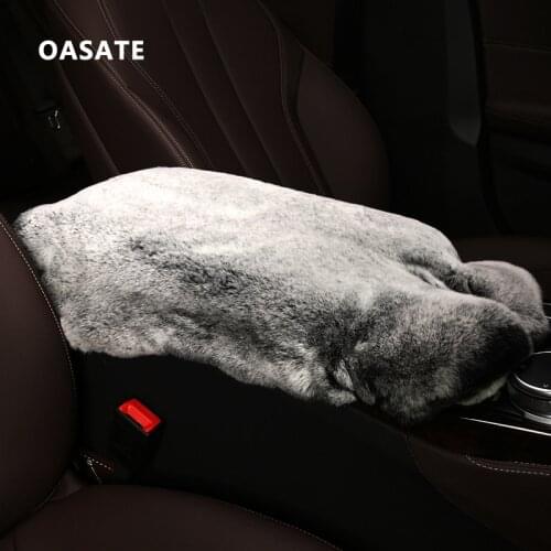 Winter Rabbit Fur Leather Car Armrest Pad Covers Universal Center Console Warm Winter Armrest Storage Protection Cushion