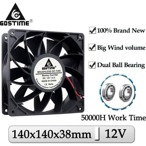 2Pcs Gdstime DC 12V 140mmx38mm 140mm Dual Ball Brushless Computer Case Cooler 140x38mm 14cm Axial High Speed Exhaust Cooling Fan