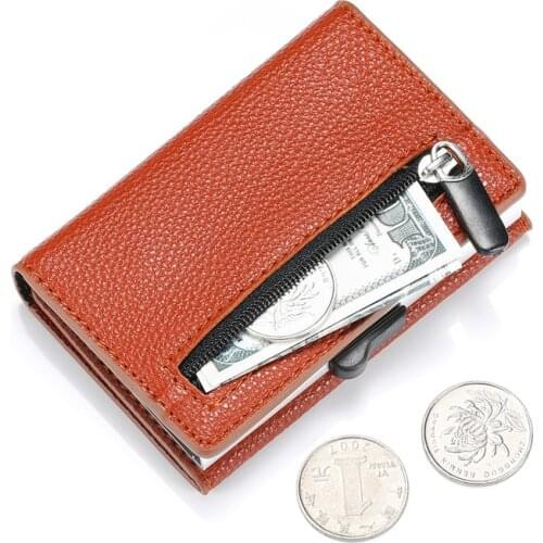 Rfid Card Holder Wallets Vintage Short Purse Multifunction Man Leather Smart Wallet with Magnet & Card Metal Case