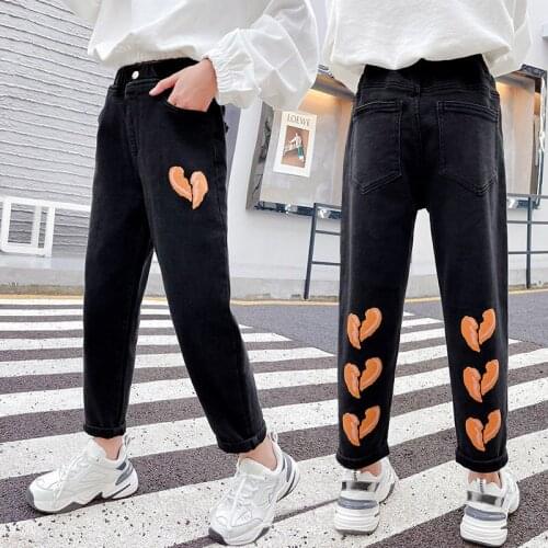Jeans for Girls Heart Pattern Teenage Girls Casual Soft Comfort Denim Pants Kids Elastic Waist Trousers 5 6 8 9 10 12 13 14Years