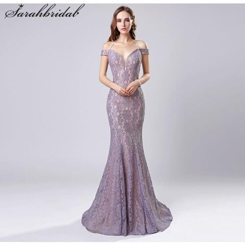 Elegant Evening Dress Halter Off The Shoulder Floor Length Trumpet Prom Gowns Women Empire Lace Blackless Robe De Soiree LX575
