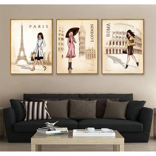 Girl In Paris London Rome New York Cartoon Art Print Poster Modern Modular English Word Canvas Painting Home Wall Art Picture