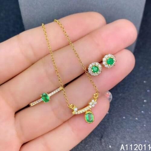 KJJEAXCMY Fine Jewelry 925 sterling silver inlaid natural gemstone emerald ring pendant earring set lovely supports test