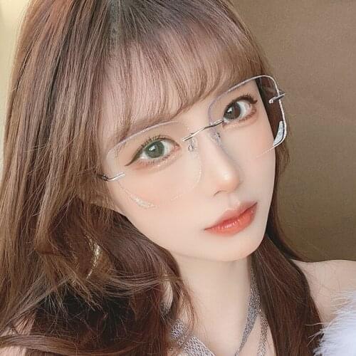 0~10.00 Square Optical Anti-Blue Ray Lens Rimless Eyeglasses Frame for College Girl Eyewear Glasses