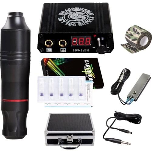 DragonHawk Tattoo Machine Rotary Pen Kit Set Tattoo Kit LCD Power Supply Carrier Box foot padel