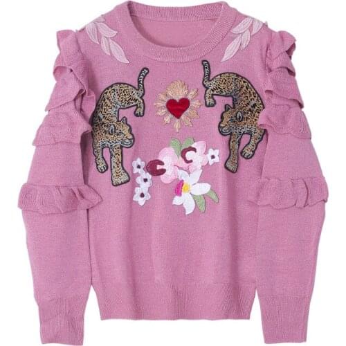 Autumn Winter Animal Embroidery Knitted Sweaters Pullovers Women Runway Design Ruffle Elegant Top Clothes Lady Jumper