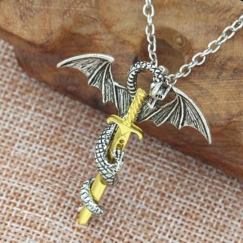 Fashion Movie Necklace Flying Dragon With Wings Rolled Sword Necklace Cross Wolf Vintage Pendant Necklaces Unisex Jewelry 2019