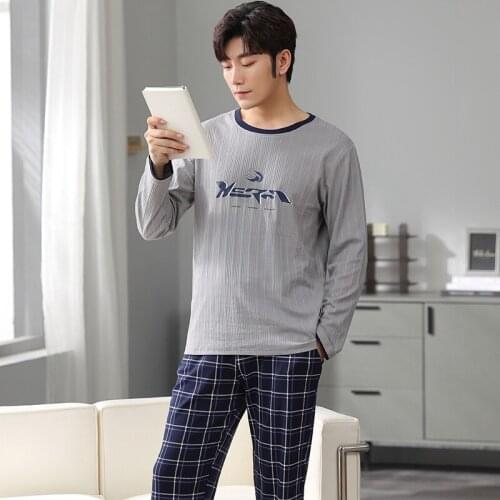 Boy Plaid Solid Striped Pajama Man Pullover Long Sleeve Trousers Pyjamas Loose Ankle Wrist Pockets Jammies Sleepwear 6535 Cotton