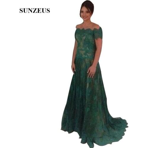 Green Lace Mother Of The Bride Dresses For Weddings A-line Off Shoulder Women Party Gowns Sweep Train Short Sleeve Prom Dress