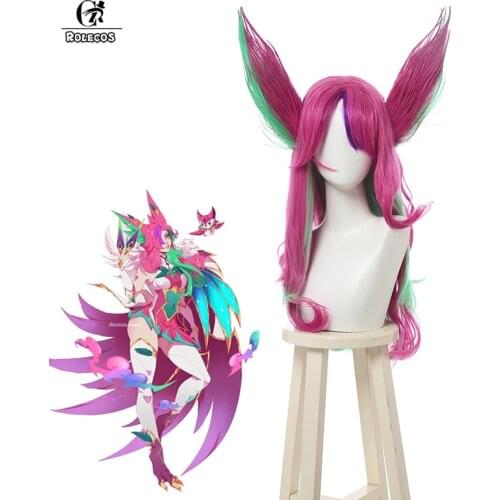 ROLECOS Star Guardian Xayah Cosplay Hair LOL Light Xayah Cosplay Headwear Game Women The Rebel Long Hair with Ears Heat Resista