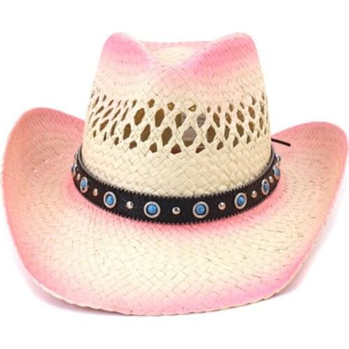 Pink Paint Spraying Paper Straw Cowboy Hats Summer Men Women Wide Brim Sun Protection Hat Panama Beach Cap with Windproof Rope