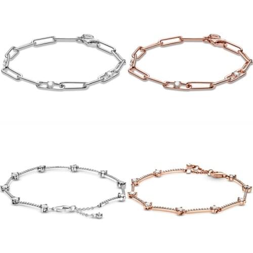 Sparkling Rose & Silver Pave Bar Link Chain & Stones Star 925 Sterling Silver Bracelet Fit Europe Bangle Bead Charm Diy Jewelry