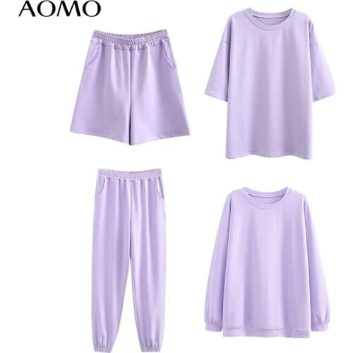 AOMO 2021 Autumn Women Terry 95% cotton sweatshirt suit oversized sets o neck hoodies sweatshirt suits 6L30A